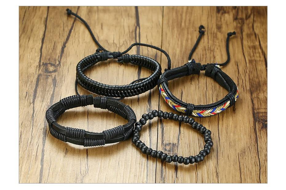 Vnox Mix 4Pcs/ Set Braided Wrap Leather Bracelets for Men Women Vintage Wooden Beads Ethnic Tribal Wristbands Bracelet Rudder