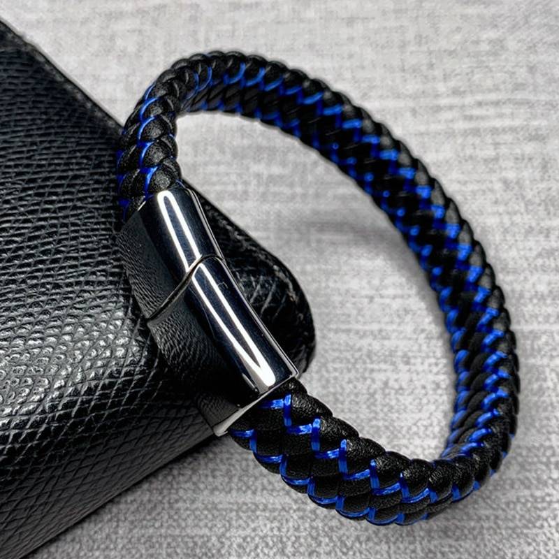 Fashion Braided Black Blue Leather Bracelet Men Bracelets For Men