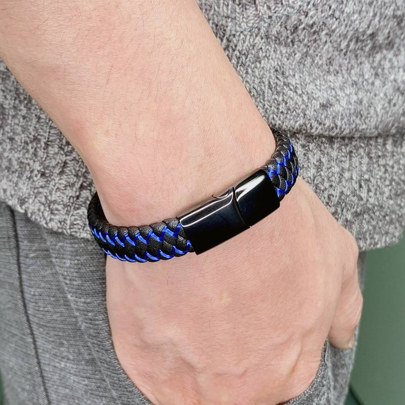 Fashion Braided Black Blue Leather Bracelet Men Stainless Steel Magnetic Clasp Charm Bangles Male Wrist Band Gifts Fashion Braided Black Blue Leather Bracelet Men Stainless Steel Magnetic Clasp Charm Bangles Male Wrist Band Gifts