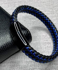 Fashion Braided Black Blue Leather Bracelet Men Bracelets For Men 