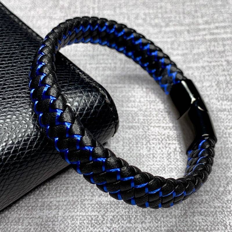 Fashion Braided Black Blue Leather Bracelet Men Stainless Steel Magnetic Clasp Charm Bangles Male Wrist Band Gifts