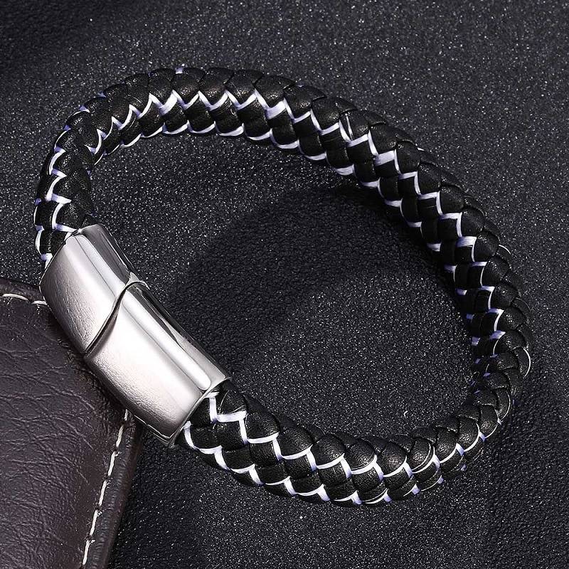Fashion Braided Black Blue Leather Bracelet Men Stainless Steel Magnetic Clasp Charm Bangles Male Wrist Band Gifts Fashion Braided Black Blue Leather Bracelet Men Stainless Steel Magnetic Clasp Charm Bangles Male Wrist Band Gifts