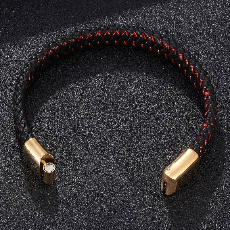 Fashion Braided Black Blue Leather Bracelet Men Stainless Steel Magnetic Clasp Charm Bangles Male Wrist Band Gifts
