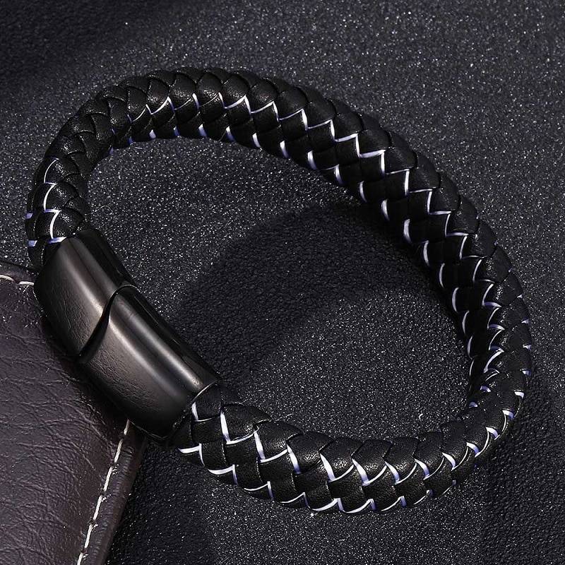 Fashion Braided Black Blue Leather Bracelet Men Stainless Steel Magnetic Clasp Charm Bangles Male Wrist Band Gifts Fashion Braided Black Blue Leather Bracelet Men Stainless Steel Magnetic Clasp Charm Bangles Male Wrist Band Gifts