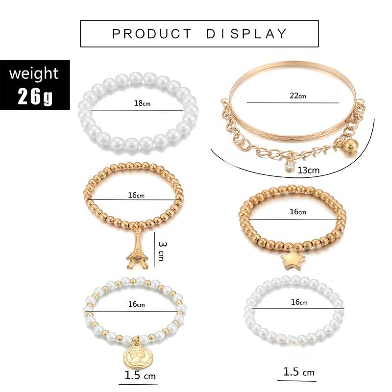 Tocona 6Pcs/set Fashion Gold Color Beads Pearl Star Bracelets For Women