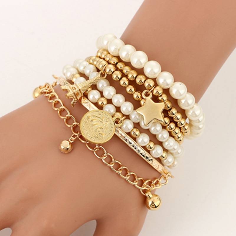 Tocona 6pcs/set Fashion Gold Color Beads Pearl Star Multilayer Beaded Bracelets Set for Women Charm Party Jewelry Gift 5483