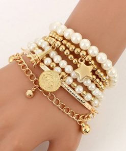 Tocona 6Pcs/set Fashion Gold Color Beads Pearl Star Bracelets For Women