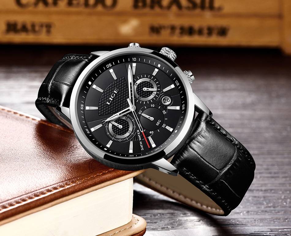 2020 New Mens Watches LIGE Top Brand Leather Chronograph Waterproof Sport Automatic Date Quartz Watch For Men Relogio Masculino