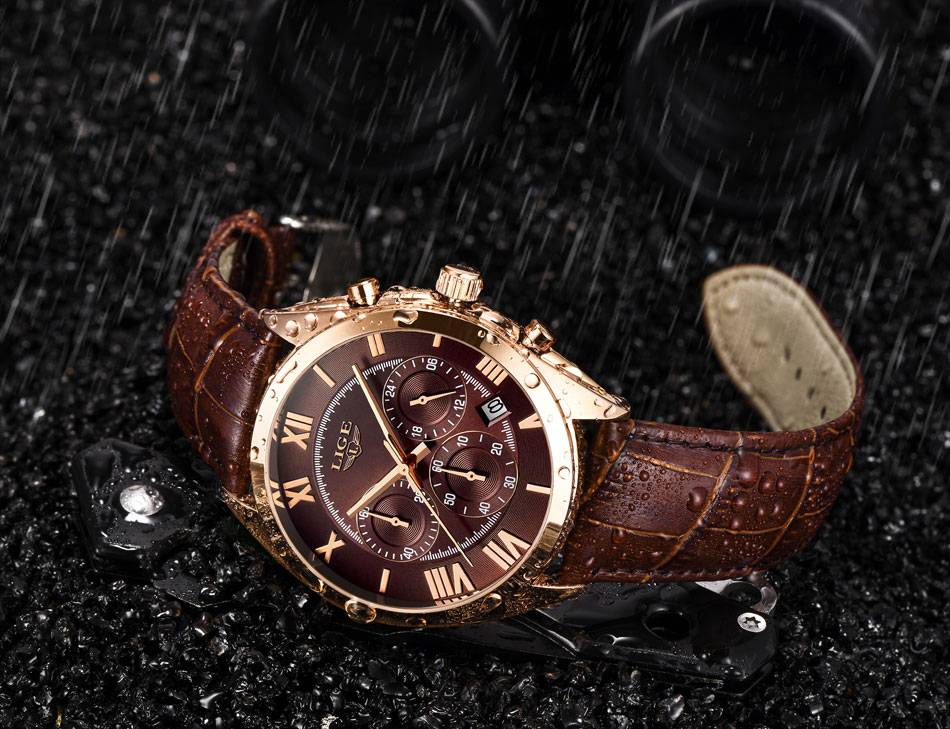 LIGE Watch For Men Top Brand Luxury Waterproof 24 Hour Date Quartz Clock Brown Leather Sports WristWatch Relogio Masculino 2020