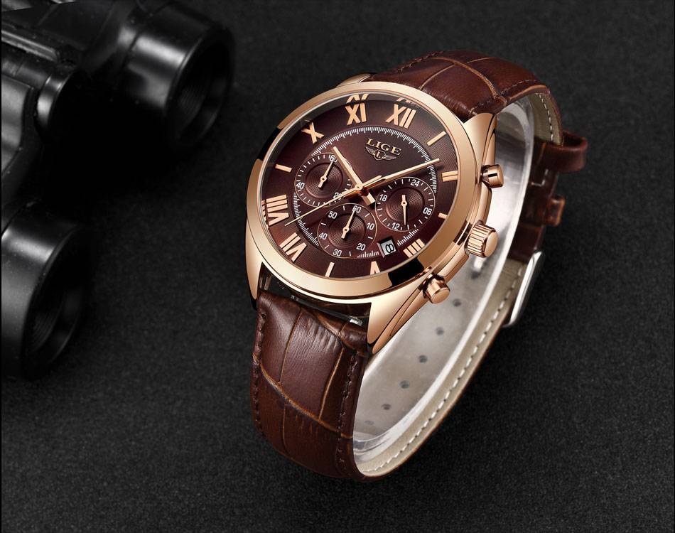 LIGE Watch For Men Top Brand Luxury Waterproof 24 Hour Date Quartz Clock Brown Leather Sports WristWatch Relogio Masculino 2020