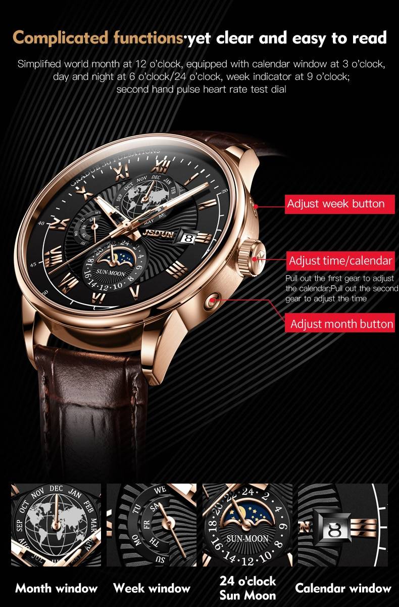 JSDUN Men Mechanical Watch Top Brand Luxury Automatic Watch Leather Waterproof Sports Moon Phase Wristwatch relogio masculino JSDUN Men Mechanical Watch Top Brand Luxury Automatic Watch Leather Waterproof Sports Moon Phase Wristwatch relogio masculino