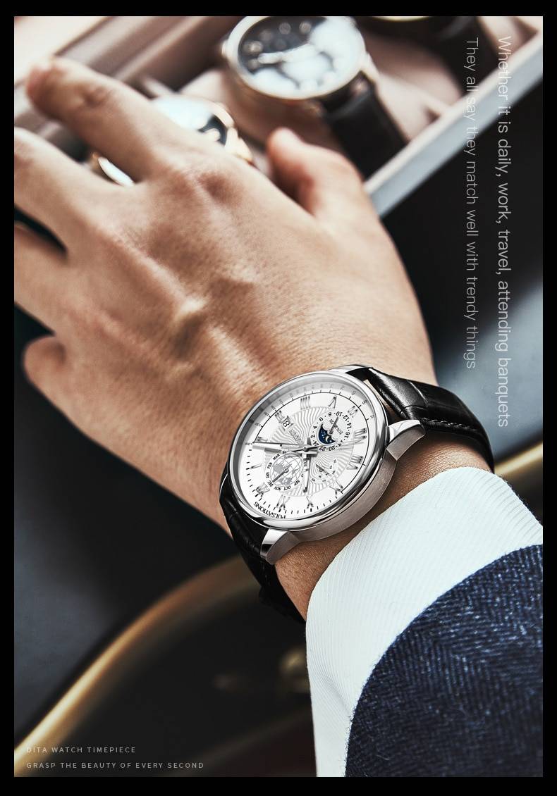 JSDUN Men Mechanical Watch Top Brand Luxury Automatic Watch Leather Waterproof Sports Moon Phase Wristwatch relogio masculino