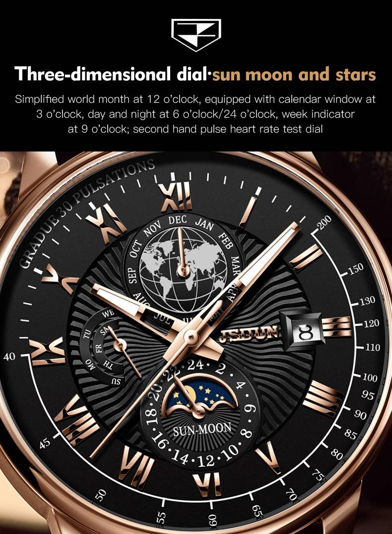 JSDUN Men Mechanical Watch Top Brand Luxury Automatic Watch Leather Waterproof Sports Moon Phase Wristwatch relogio masculino