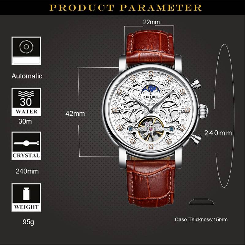 KINYUED Skeleton Automatic Watch Men Sun Moon Phase Waterproof Mens Tourbillon Mechanical Watches Top Brand Luxury Wristwatches