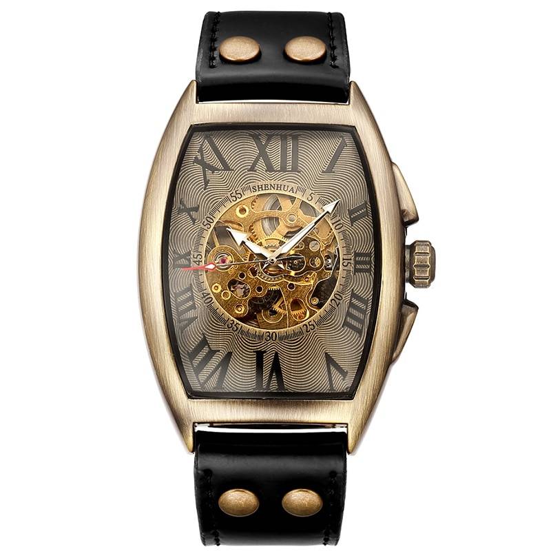 Leather Mechanical Watch Men Automatic Steampunk Watch Mens Skeleton Watches Bronze Transparent Vintage Sport Wristwatch Male