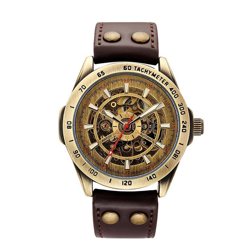 Leather Mechanical Watch Men Automatic Steampunk Watch Mens Skeleton Watches Bronze Transparent Vintage Sport Wristwatch Male