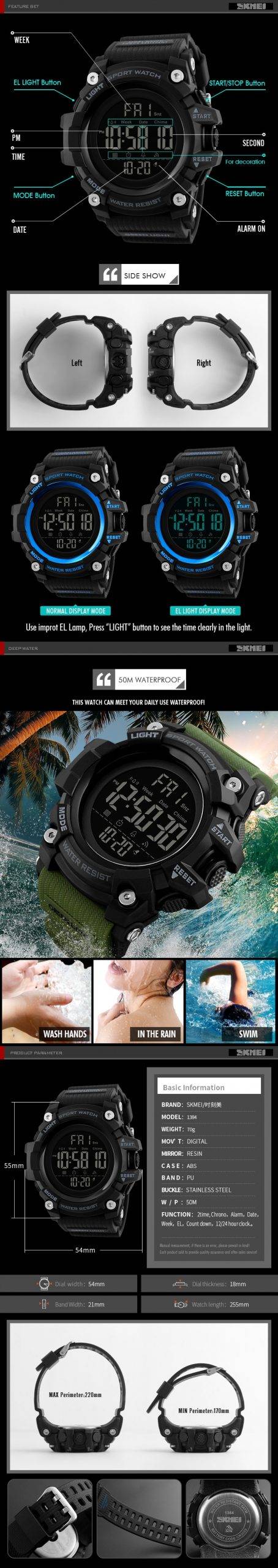 SKMEI Countdown Stopwatch Sport Watch Mens Watches Top Brand Luxury Men Wrist Watch Waterproof LED Electronic Digital Male Watch