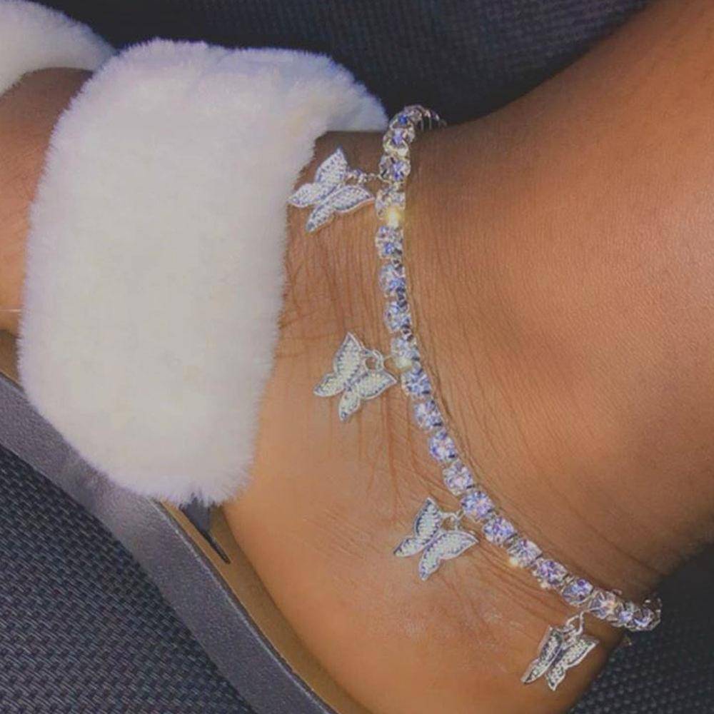 INS Fashion Butterfly anklet Rhinestone Tennis Chain Foot Chain Jewelry for Women Summer Beach Anklet Butterfly Barefoot Chain