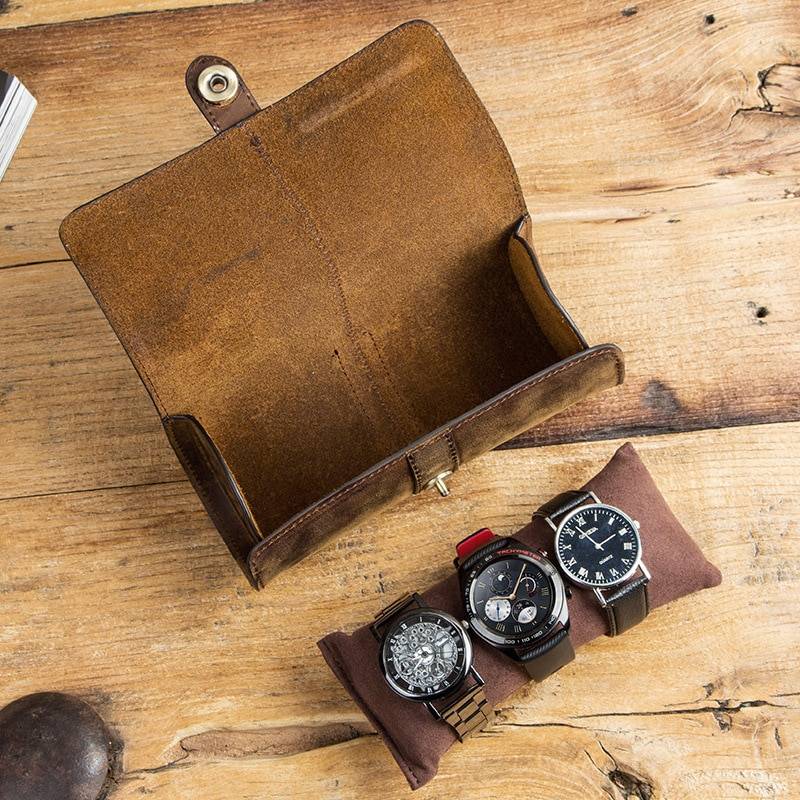 Cow Leather 3 Slot Watch Box Handmade Watch Roll Travel Case Wristwatch Pouch Exquisite Retro Slid in Out Organizer