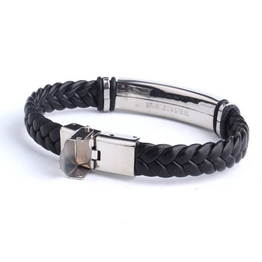 Black Sesame Custom logo Name Engrave Leather Bangle & Bracelet customize Stainless Steel Bracelets For Women Men ID Bracelet Bracelets For Men