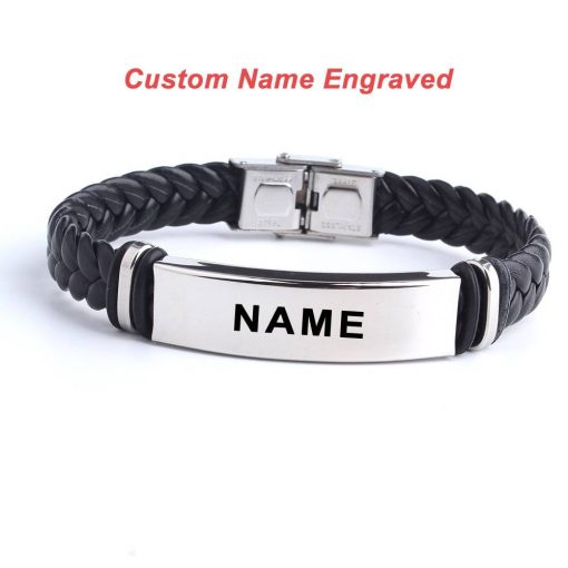 Black Sesame Custom logo Name Engrave Leather Bangle & Bracelet customize Stainless Steel Bracelets For Women Men ID Bracelet Bracelets For Men