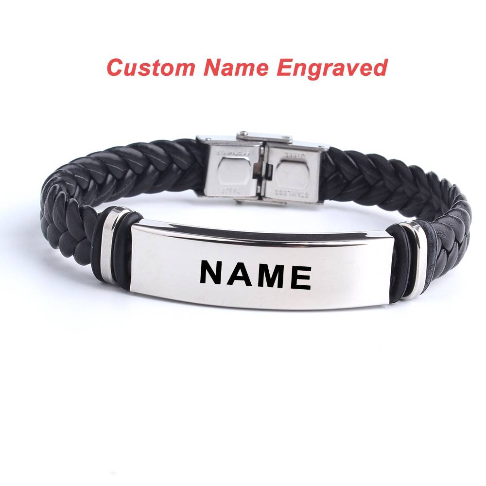 Black Sesame Custom logo Name Engrave Leather Bangle & Bracelet customize Stainless Steel Bracelets For Women Men ID Bracelet