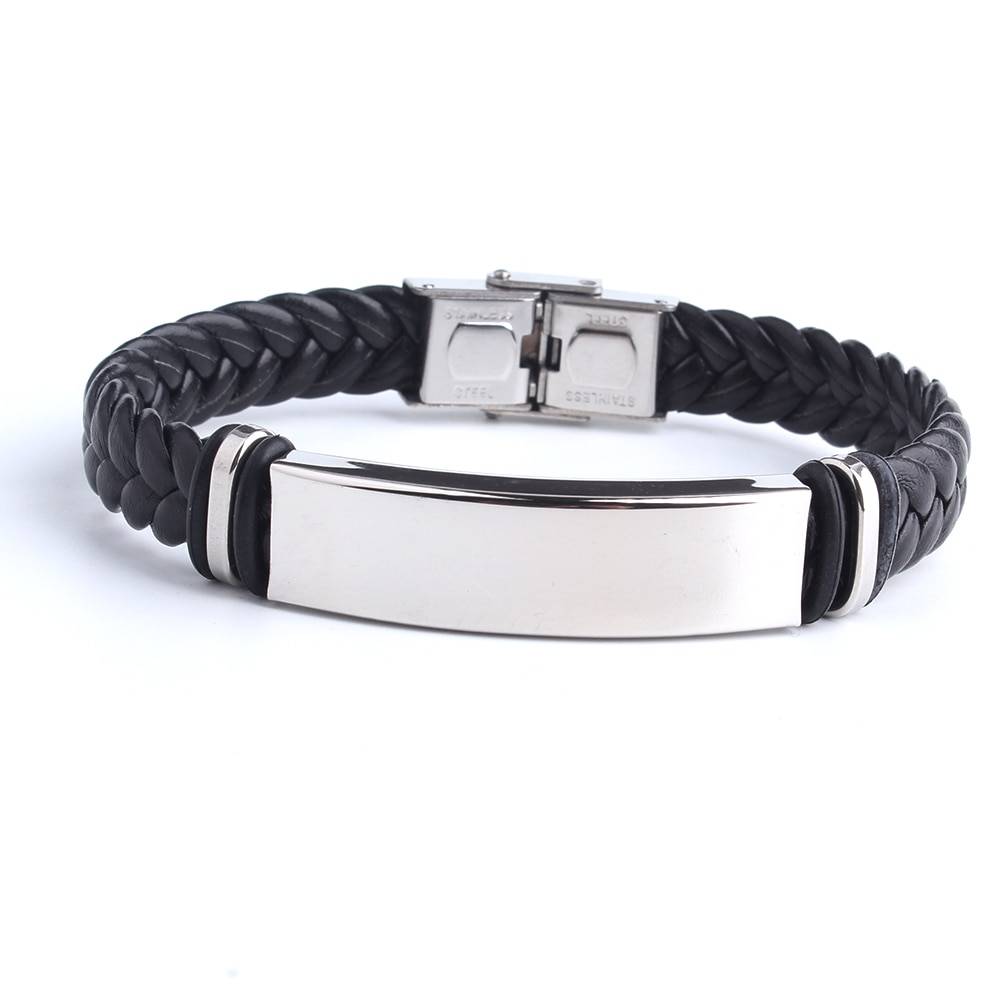 Black Sesame Custom logo Name Engrave Leather Bangle & Bracelet customize Stainless Steel Bracelets For Women Men ID Bracelet