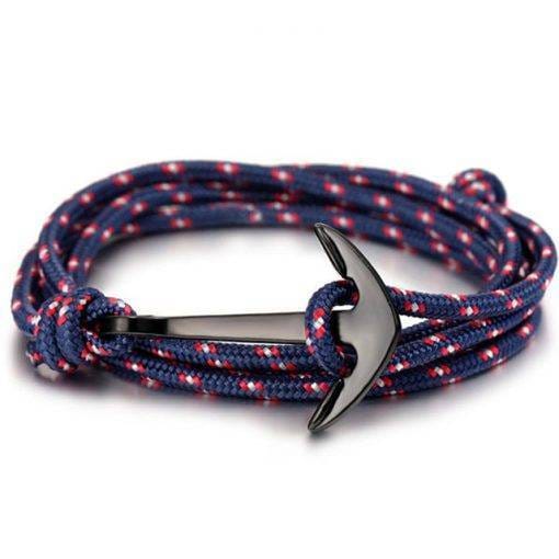 High quality fashion black anchor bracelet men’s charm survival rope chain leather Bracelets For Men