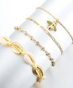 4pcs Boho Bee Shell Rhinestone Anklet Women Beach Food Chain Jewelry Bracelets For Women 