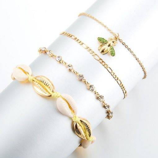 4pcs Boho Bee Shell Rhinestone Anklet Women Beach Food Chain Jewelry Bracelets For Women