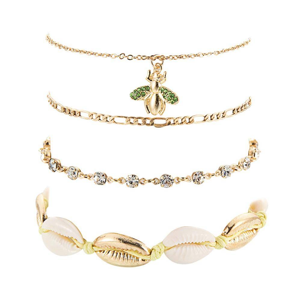 4pcs Boho Bee Shell Rhinestone Anklet Women Beach Food Chain Jewelry Gifts Rhinestone Boho Ankle Bracelet for Women Anklets