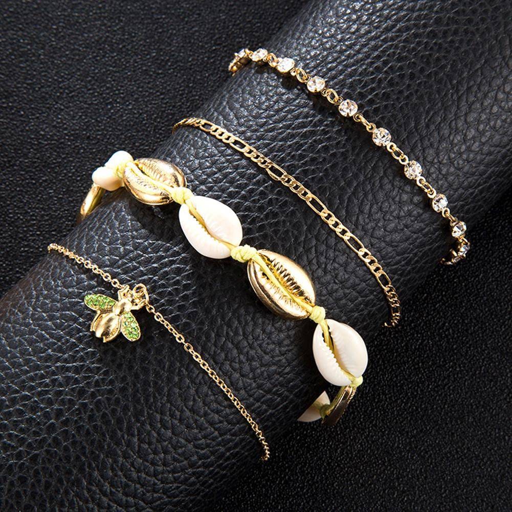 4pcs Boho Bee Shell Rhinestone Anklet Women Beach Food Chain Jewelry Gifts Rhinestone Boho Ankle Bracelet for Women Anklets