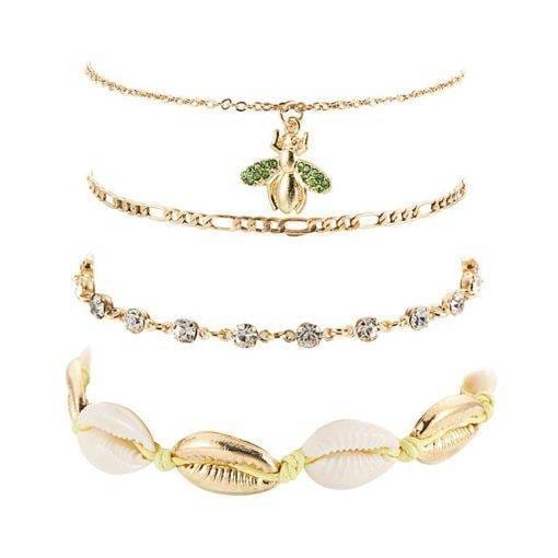4pcs Boho Bee Shell Rhinestone Anklet Women Beach Food Chain Jewelry Gifts Rhinestone Boho Ankle Bracelet for Women Anklets Bracelets For Women