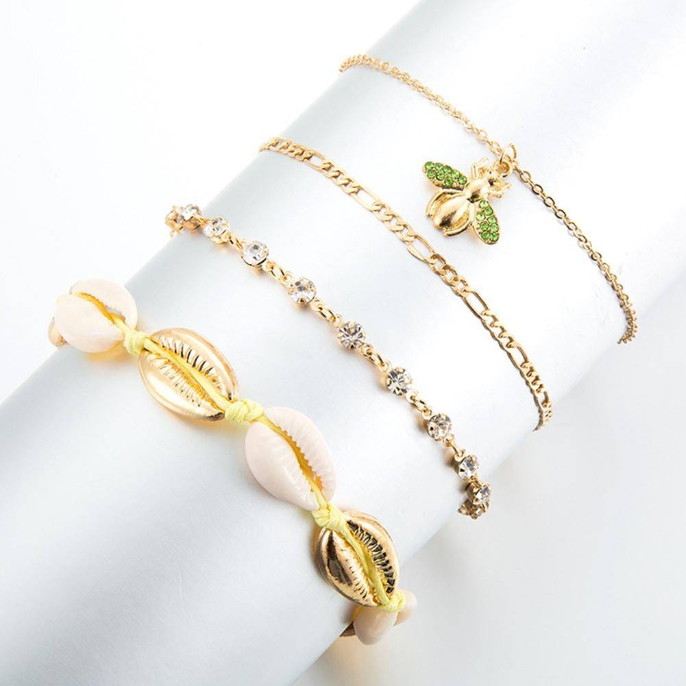 4pcs Boho Bee Shell Rhinestone Anklet Women Beach Food Chain Jewelry Gifts Rhinestone Boho Ankle Bracelet for Women Anklets