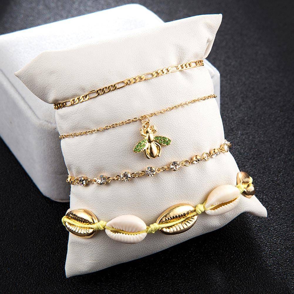 4pcs Boho Bee Shell Rhinestone Anklet Women Beach Food Chain Jewelry Gifts Rhinestone Boho Ankle Bracelet for Women Anklets
