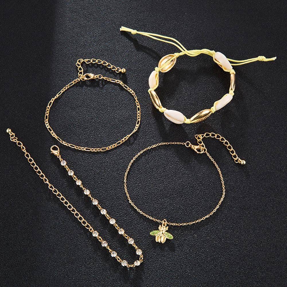 4pcs Boho Bee Shell Rhinestone Anklet Women Beach Food Chain Jewelry Gifts Rhinestone Boho Ankle Bracelet for Women Anklets
