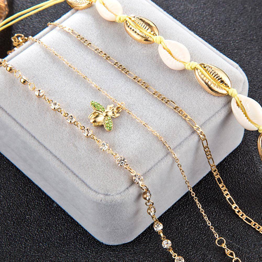 4pcs Boho Bee Shell Rhinestone Anklet Women Beach Food Chain Jewelry Gifts Rhinestone Boho Ankle Bracelet for Women Anklets