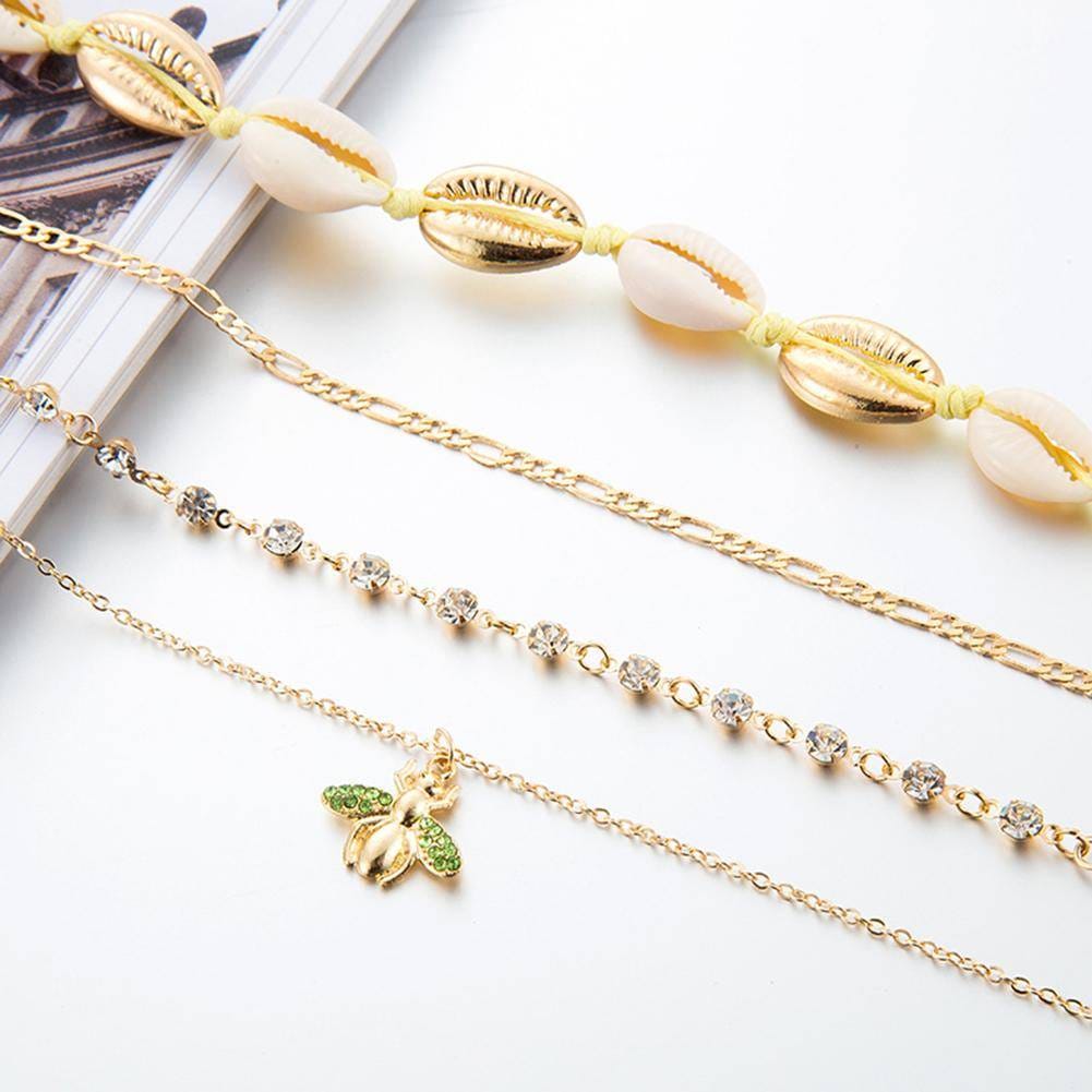 4pcs Boho Bee Shell Rhinestone Anklet Women Beach Food Chain Jewelry Gifts Rhinestone Boho Ankle Bracelet for Women Anklets