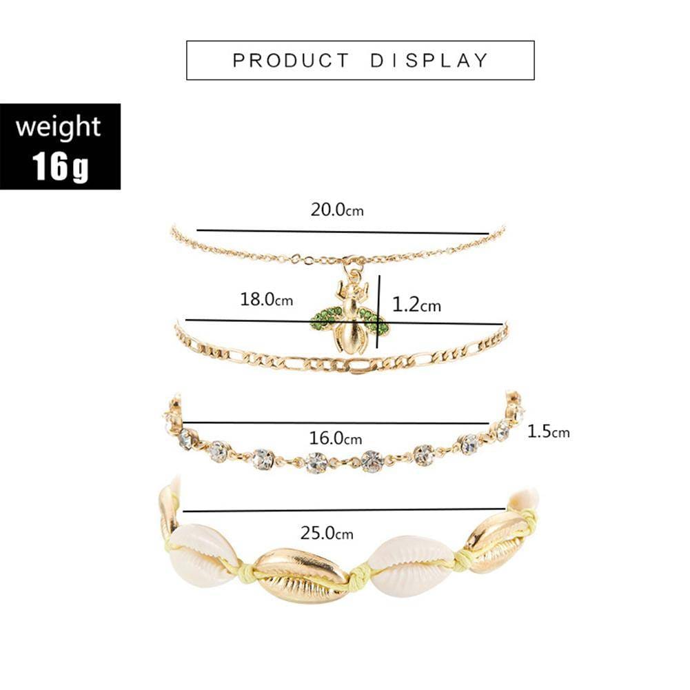 4pcs Boho Bee Shell Rhinestone Anklet Women Beach Food Chain Jewelry Gifts Rhinestone Boho Ankle Bracelet for Women Anklets