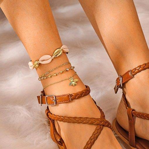 4pcs Boho Bee Shell Rhinestone Anklet Women Beach Food Chain Jewelry Gifts Rhinestone Boho Ankle Bracelet for Women Anklets Bracelets For Women