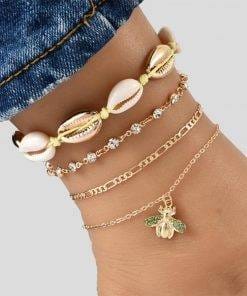 4pcs Boho Bee Shell Rhinestone Anklet Women Beach Food Chain Jewelry Gifts Rhinestone Boho Ankle Bracelet for Women Anklets Bracelets For Women 
