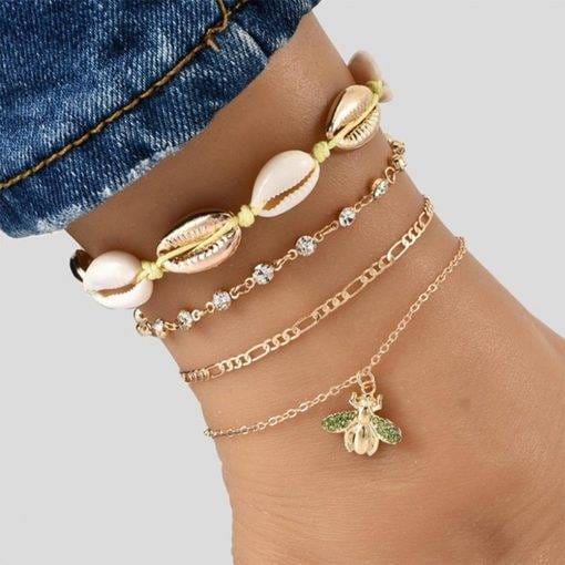 4pcs Boho Bee Shell Rhinestone Anklet Women Beach Food Chain Jewelry Gifts Rhinestone Boho Ankle Bracelet for Women Anklets Bracelets For Women