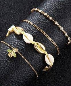 4pcs Boho Bee Shell Rhinestone Anklet Women Beach Food Chain Jewelry Gifts Rhinestone Boho Ankle Bracelet for Women Anklets Bracelets For Women 