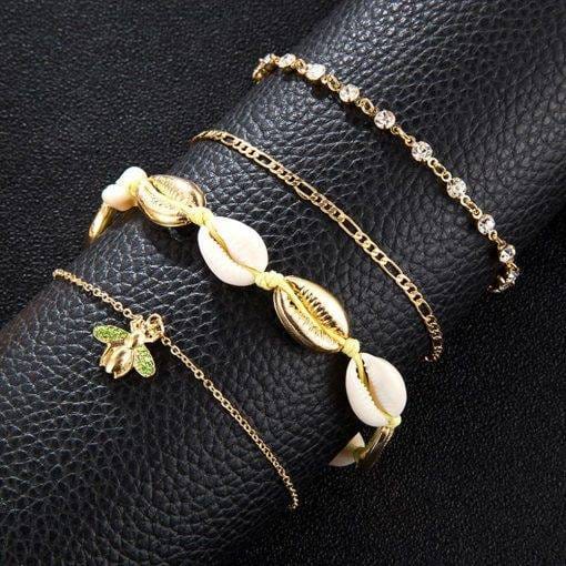 4pcs Boho Bee Shell Rhinestone Anklet Women Beach Food Chain Jewelry Gifts Rhinestone Boho Ankle Bracelet for Women Anklets Bracelets For Women