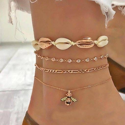 4pcs Boho Bee Shell Rhinestone Anklet Women Beach Food Chain Jewelry Gifts Rhinestone Boho Ankle Bracelet for Women Anklets Bracelets For Women