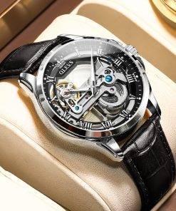 OLEVS Luxury Men Watches Automatic Mechanical Wristwatch Skeleton Design Waterproof Leather Strap Male Watch Reloj Hombre Quartz Watches 