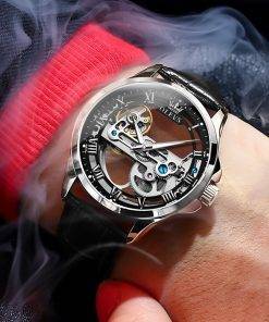 OLEVS Luxury Men Watches Automatic Mechanical Wristwatch Skeleton Design Waterproof Leather Strap Male Watch Reloj Hombre Quartz Watches 