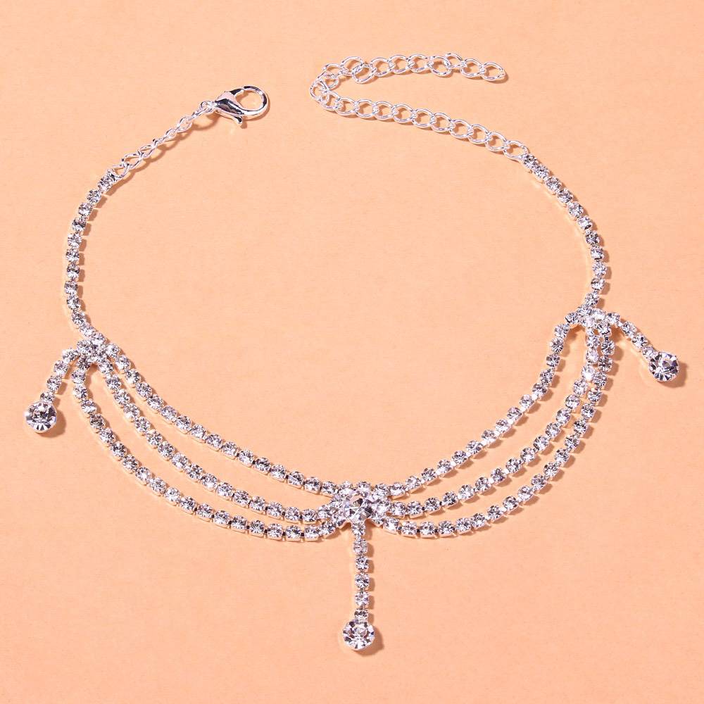 Stonefans Boho Rhinestone Tennis Chain Anklet Foot Wholesale Jewelry Simple Chain Leg Anklet Bracelet Silver Beach Accessories