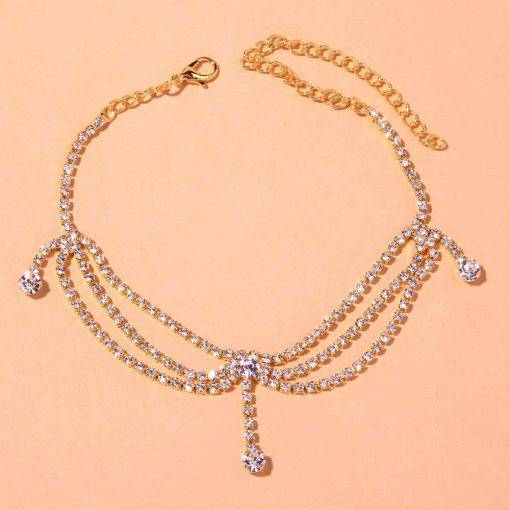 Stonefans Boho Rhinestone Tennis Chain Anklet Foot Wholesale Jewelry Simple Chain Leg Anklet Bracelet Silver Beach Accessories Anklets
