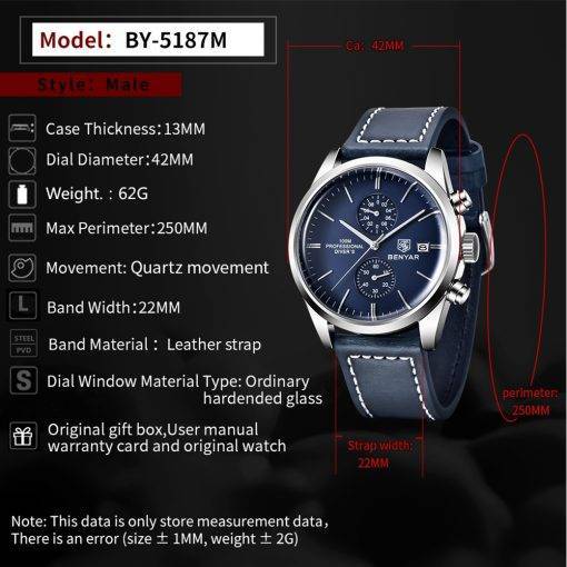 2022 New BENYAR Leather Quartz 100M Waterproof Watch for Men Quartz Watches